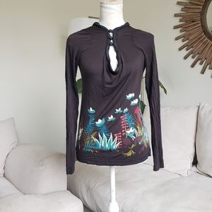 Kenzo Long Sleeve Floral Printed Plunge Neck Shirt